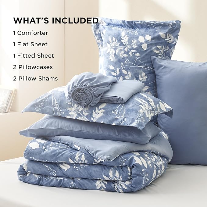 Bedsure Queen Comforter Set - 7 Pieces Floral Blue Soft Bedding Sets, Queen Bed in a Bag with Botanical Flowers Comforter, Sheets, Pillowcases & Shams