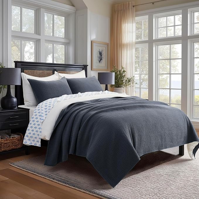 EVERGRACEHOME Cotton Coverlet Set Full Queen Size 3 Pieces, Lightweight Soft Ribbed Matelassé Bedspread Quilt Set, Cozy Oversized Quilted Bedding Set with 2 Pillow Shams for All Seasons, Midnight Blue