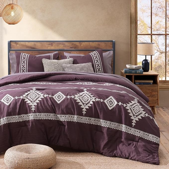 MaiRêve Embroidery Full Size Comforter Set Purple, Farmhouse Western Boho Bedding Set 7 Pieces, All Season Bed in A Bag Comforter Set with Sheets, Pillowcases & Shams