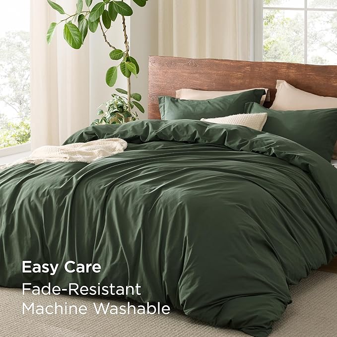 Bedsure 100% Washed Cotton Duvet Cover Cal King - Olive Green Minimalist Cotton Duvet Cover Linen Like Breathable - GentleSoft™ Plain Simple Bedding (Olive Green, California King, 104"x98")