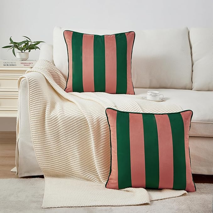 MONDAY MOOSE Decorative Throw Pillow Covers Cushion Cases, Set of 2 Soft Velvet Striped Piping Edge Designs, Pillow Inserts Not Included (18x18 inch, Pink/Green)