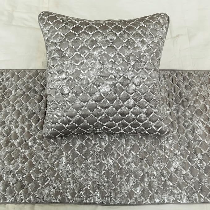 The HomeCentric King/Queen/Twin Grey & Silver Designer CA King 86"x18" Bed Runner with 2 Pillow Cover, Quilted, Foil & Trellis Bed Scarf on Silk Fabric - Jumanah
