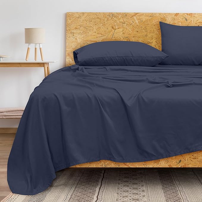 Royale Linens 300 Thread Count 100% Long Staple Combed Cotton Flat Sheet - Super Soft - Top Sheets - King Flat Sheet Sold Separately - Breathable, Cool & Crisp Percale Sheets Only (King, Navy)