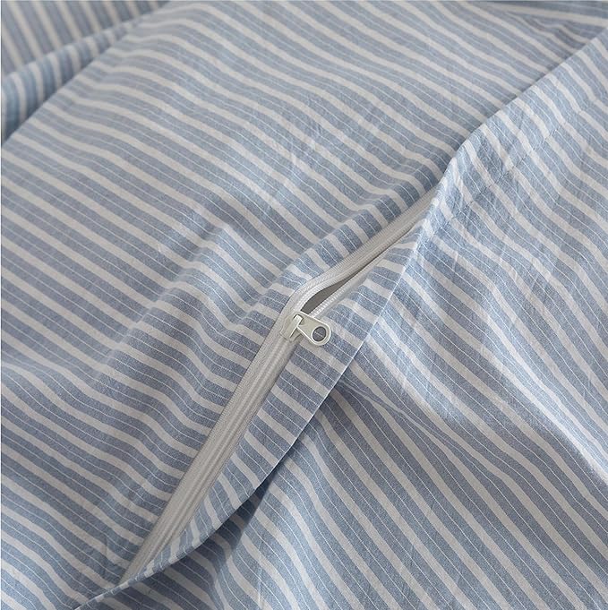 JIYUAN 100% Washed Cotton Striped Duvet Cover Set 3 Pieces King, 1 Duvet Cover and 2 Pillowcases(Comforter Not Included),Linen Like Comfy and Breathable,Pinstripes - Cornflower Blue White