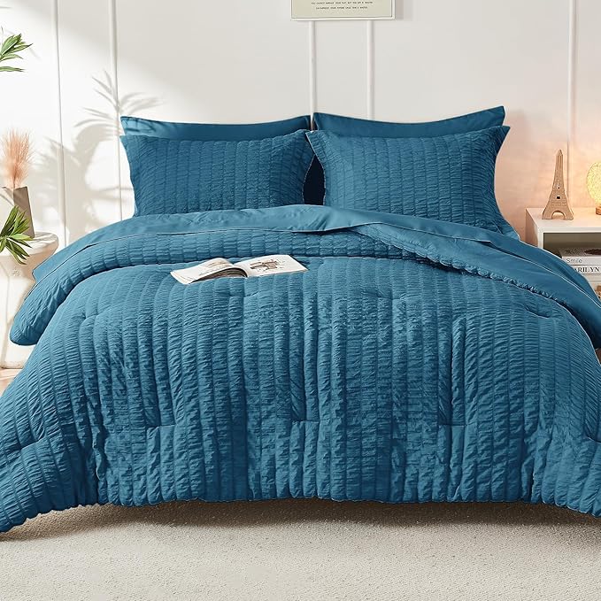 HYMOKEGE Teal California King Comforter Set Seersucker 7 Pieces, All Season Luxury Bed in a Bag for Bedroom, Bedding Set with Comforters, Sheets, Pillowcases & Shams