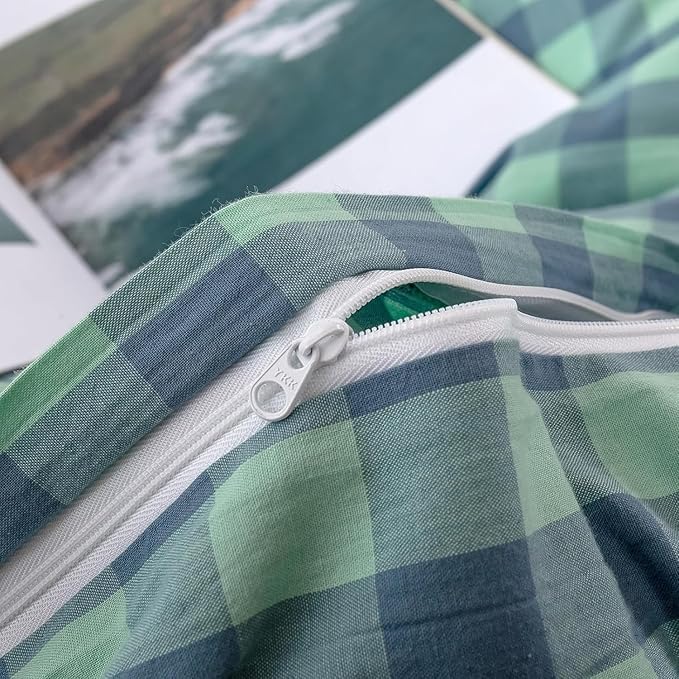 mixinni Green Gingham Grid Duvet Cover King, 100% Washed Cotton Modern Geometric Bedding Set with 2 Pillowcases, Farmhouse Style Blue Plaid Comforter Cover Set for Men & Women, Soft & Lightweight