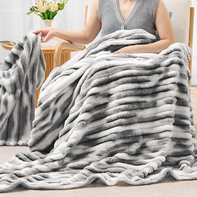 BEDELITE Twin Blanket for Couch & Bed, 300GSM Soft & Warm Fleece Blanket, Decorative and Giftable Striped Tie-dye Grey Blankets for Women, Men, 60"x80"