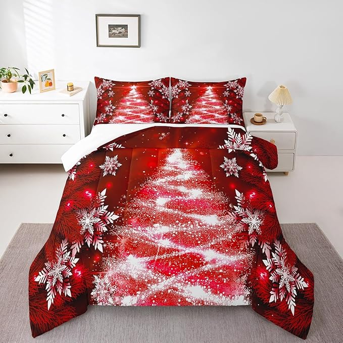 Feelyou Christmas Comforter Set Queen Size Red Christmas Tree Bedding Set Glitter Snowflake Comforter Microfiber Kids Adults Holiday Winter Duvet Quilt Xmas Room Decor