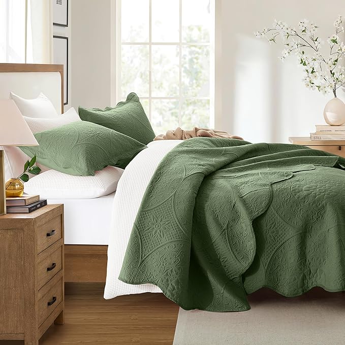 IR Imperial Rooms 8 Pack California King Quilt Bedding Set (118"x106") - Bulk Wholesale for Hotels, Guest Bedroom & Airbnbs - Microfiber Reversible Floral Embossed Quilts Bedspreads (Olive Green)