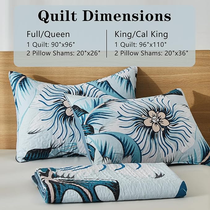 Yogeneg King Quilt Bedding Set,White Green Botanical Pattern Light Blue King/Cal King Quilt Set,3 Piece Lightweight Soft Summer Bedspread Coverlet with 2 PIillow Shams,All Season(Light Blue,110"x96")