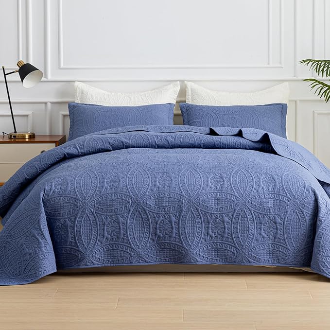 SheRest Queen Quilt Bedding Set - Grayish Blue Soft Breathable Bed Quilts, Modern Style Embossed Bedspreads, Lightweight Microfiber Coverlet for All Seasons-3 Pieces (1 Quilt,2 Pillow Shams)