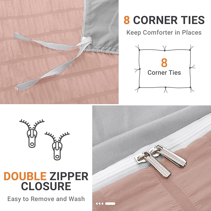 HYMOKEGE Rose Gold/Light Grey Duvet Cover King Size, Ultra Soft 3-Piece Seersucker Duvet Cover Set with Zipper Closure, Soft Brushed Microfiber Bedding Set with 8 Corner Ties (104"x90", 2 Pillowshams)