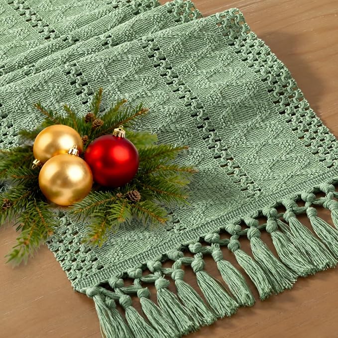 Socomi Sage Green Boho Table Runner Easter Spring Farmhouse Rustic Dining Kitchen Centerpiece Decor Small Macrame Woven Cotton Linen Coffee Table Runner for Dresser Scarf Home Decor 12x36 inch