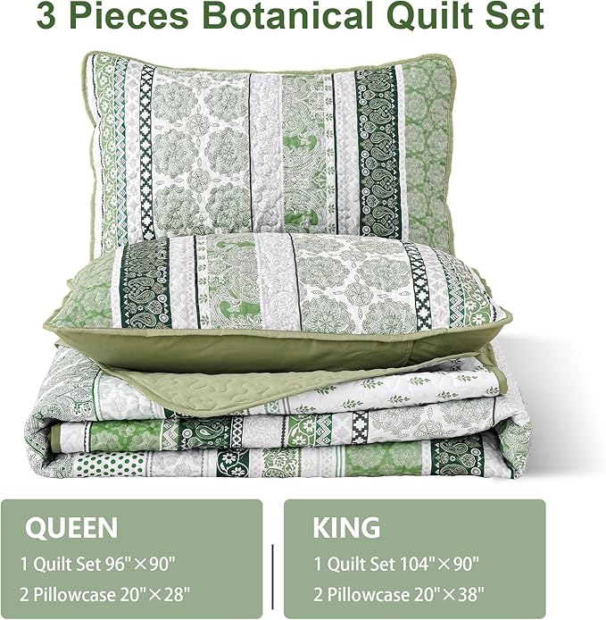 WONGS BEDDING Boho Quilt Set King Size, Green Bohemian 3 Pieces Quilt Sets, Lightweight Bedspread Coverlet Bedding Set for All Season (104"x90")