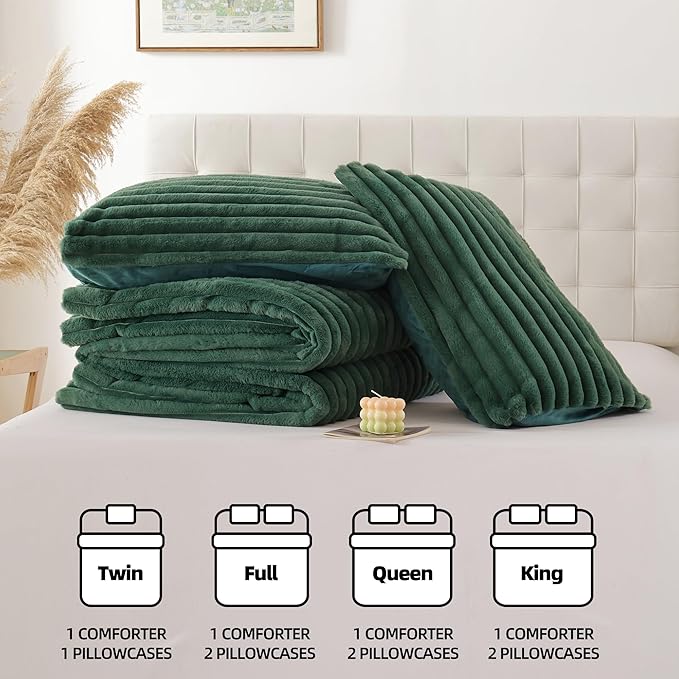 Smoofy Fluffy Full Size Comforter Sets 3 Pieces - Dark Green Fleece Fluffy Comforter Set, Luxury Fuzzy Full Bed Set, Soft Comforter Full Size All Season, Heavy Faux Fur Comforter with 2 Pillow Cases