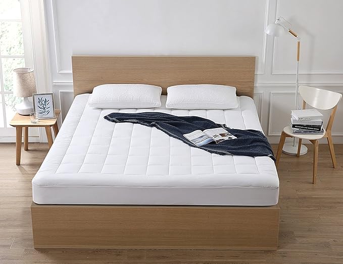 Queen Mattress Pad Cover Cooling Mattress Topper Pillow Top with Down Alternative Fill (8-21” Fitted Deep Pocket Queen Size) White