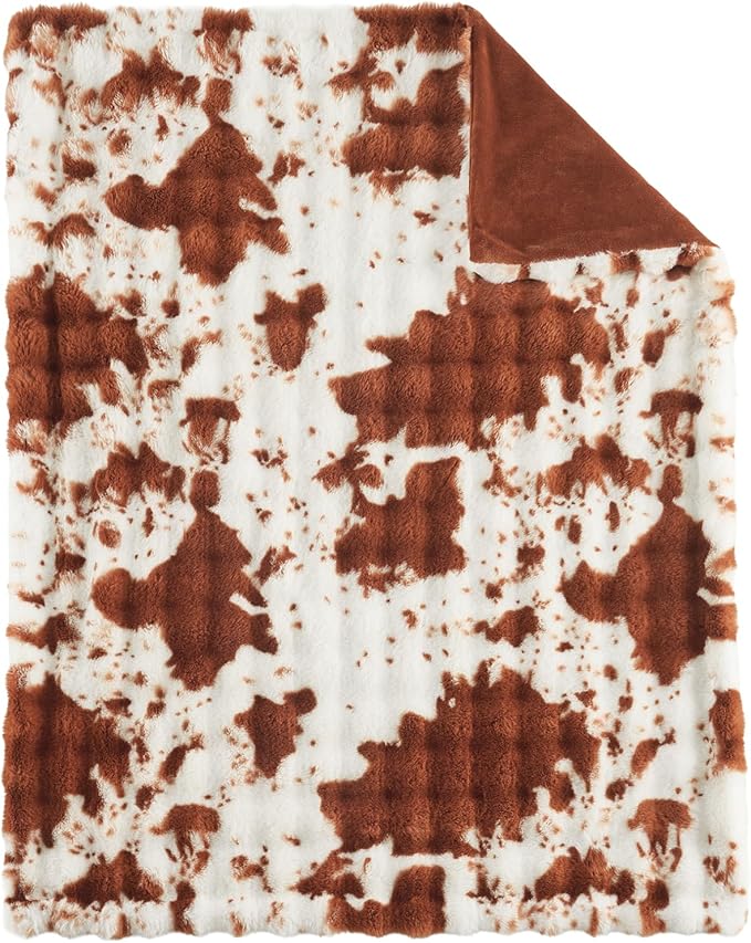 Lotus Karen Faux Fur Throw Blanket Cow Print-Light Brown, Fluffy Fuzzy Plush Bubble Blanket for Couch, 108x90 Inches Cozy Shaggy Rabbit Blanket, Luxury Decorative Gifts for Sofa Bedroom Living Room.
