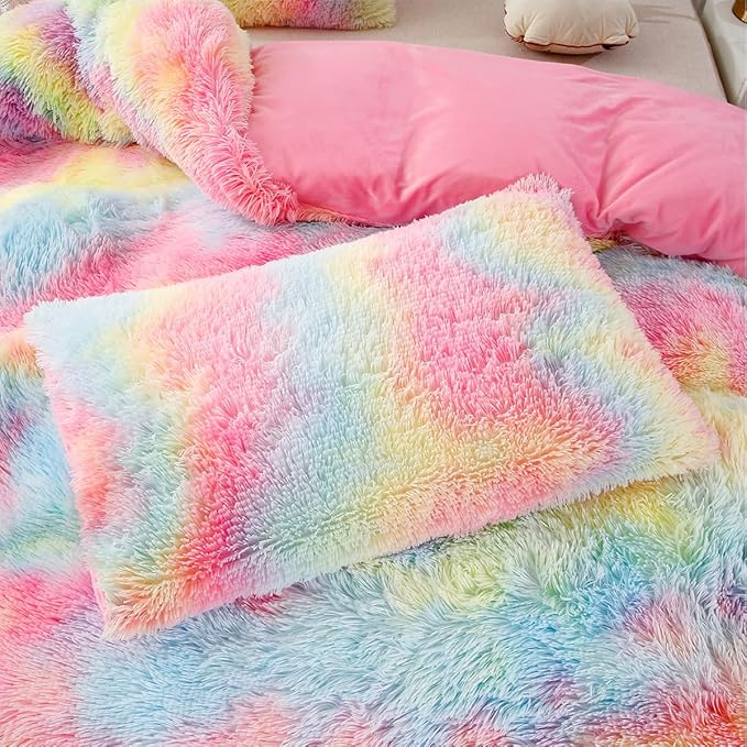 PERFEMET Pink Plush Shaggy Bedding Sets Full 3 Piece Fluffy Faux Fur Girls Comforter Set Soft Tie Dye Velvet Furry Rainbow Bedding Comforter for Teens Kids(Pink, Full)
