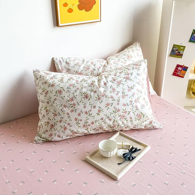 HighBuy Soft Cotton Floral Duvet Cover Twin White with Pink Floral Print,Garden Style Coquette Bedding Comforter Cover Bedding Set,Cottagecore Duvet Cover Set -1 Twin Duvet Cover,2 Pillowcases