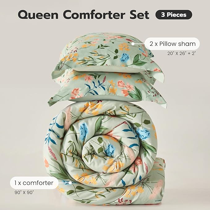 Joiedomi Full Size Comforter Set Light Green, 3 Pieces Floral Full Bedding Set with 1 Soft Reversible Flower Comforter and 2 Pillow Shams, Bed in a Bag for All Seasons