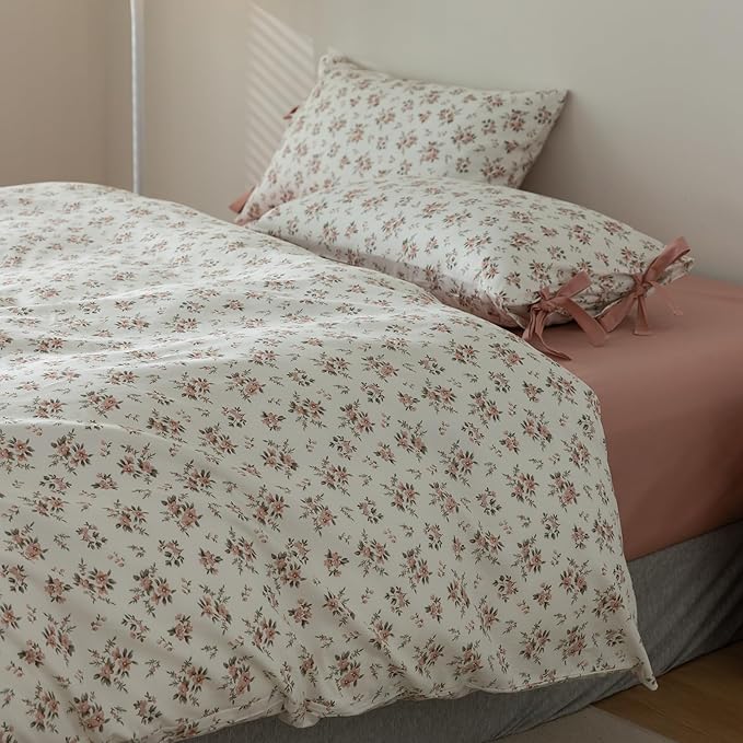 Boho Floral Duvet Cover Full Girl Soft Cotton Pink Floral Bedding Set for Teen Dorm with 2 Bow Tie Pillowcases,Aesthetic Chic Comforter Cover Full with Zipper Closure,Room Decor Bedding