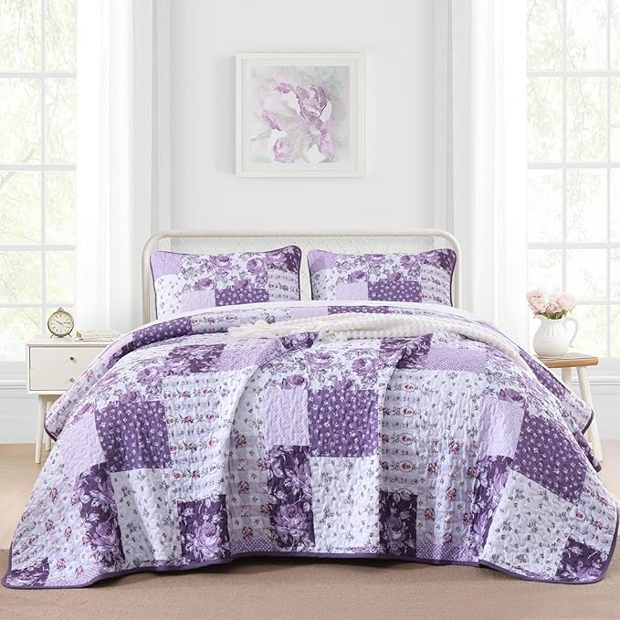 Purple Quilt Set King Size, Boho Floral Plaid Bedspread Coverlet Set, Patchwork Quilt Bedding Set, Farmhouse Soft Lighweight Bedspread Set for All Season