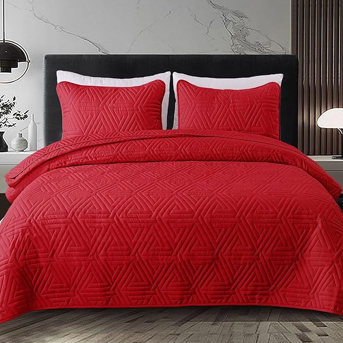 Whale Flotilla Soft Queen Size Quilt Set for All Seasons, 3-Piece Ultrasonic Geometric Quilts Bedding Set, Lightweight Reversible Bedspread, Coverlet, Bed Cover with 2 Pillow Shams, Red