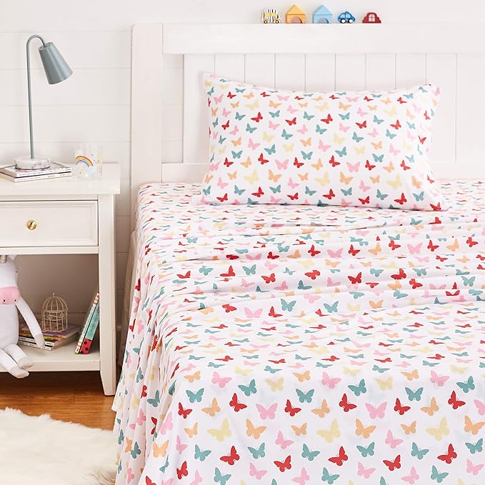 Amazon Basics Kid's Soft Easy-Wash Microfiber 3-Piece Sheet Set,Twin,Multi-Color Butterflies,Butterfly Friends,Printed,(Pack of 4)