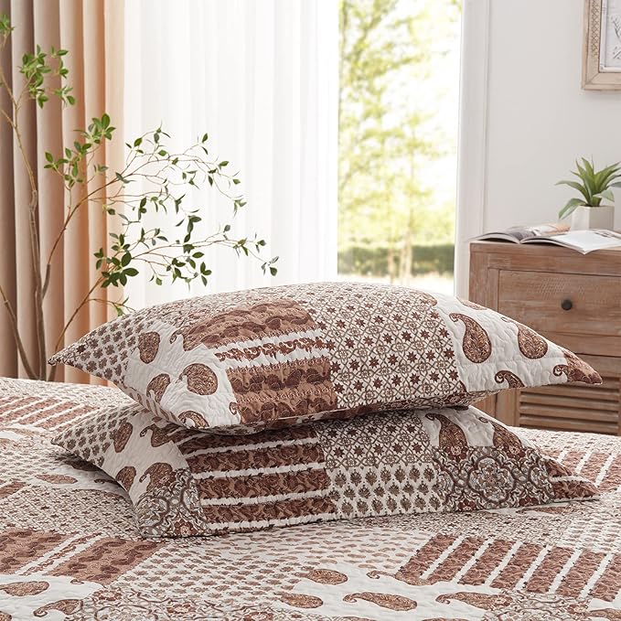 LEAONME Quilt Set - Full/Queen Size Brown Paisley Patchwork 3 Piece Bedding Set with 2 Pillow Shams