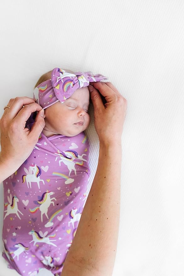 Little Sleepies Swaddle & Headband Bow Set, Viscose from Bamboo Baby Swaddles, Newborn Baby Girl Clothes (Sienna's Unicorns)