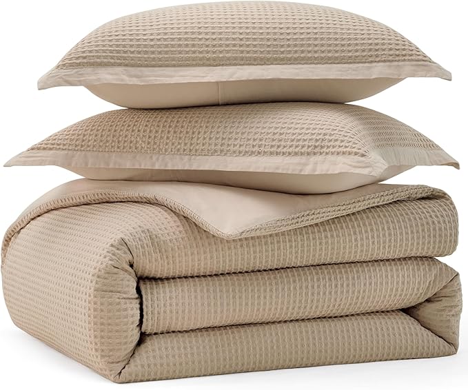 Bedsure Cotton Duvet Cover King - 100% Cotton Waffle Weave Khaki Duvet Cover King Size, GentleSoft™ and Breathable Tan Bedding Set for All Season, 3 Pieces, 104"x90"