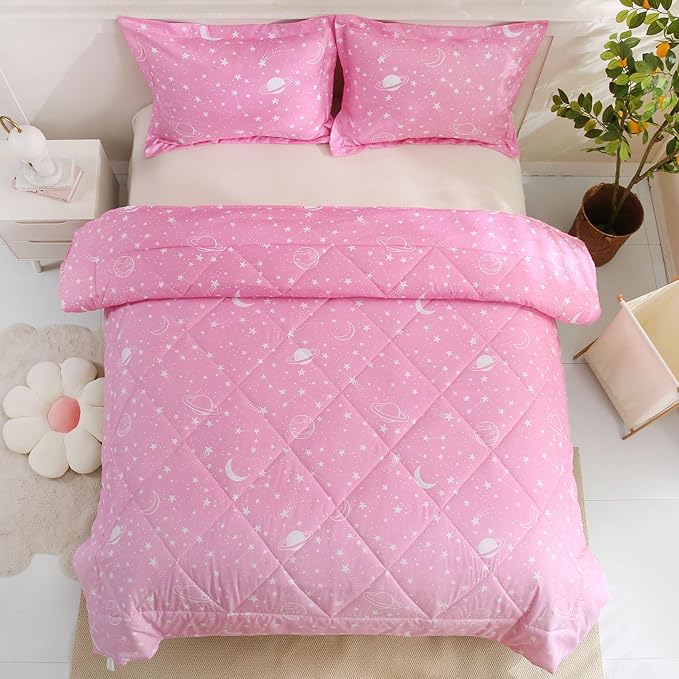 JSD Gradient Pink Stars Kids Comforter Set Queen Size, 3 Piece Space Theme Girls Printed Microfiber Bedding Set, Machine Washable
