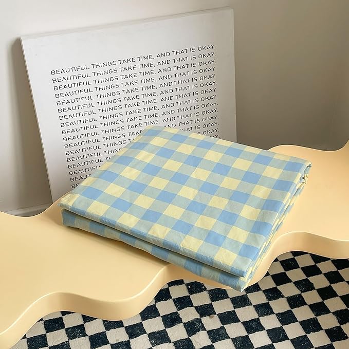 mixinni Plaid Duvet Cover Set Queen Yellow - Soft Washed Cotton Modern Geometric Bedding Set with 2 Pillowcases, Blue Green Gingham Grid Queen Duvet Cover for Men & Women, Soft & Lightweight