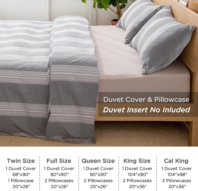 TOCOMOA Striped Duvet Cover Set 100% Natural Cotton Soft Comfy Breathable 3 Piece Light Grey and White Pattern Printed Comforter Cover Bedding Set (King 104"x90", Comforter Not Included)