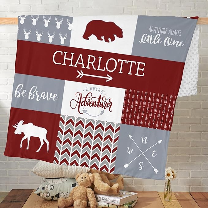 Personalized Baby Blanket, Woodland Baby Blankets for Girls, Super Soft Nursery Blankets with Cotton Front and Dotted Fleece Backing, Printed Bed Throws Newborn, Red Dahlia