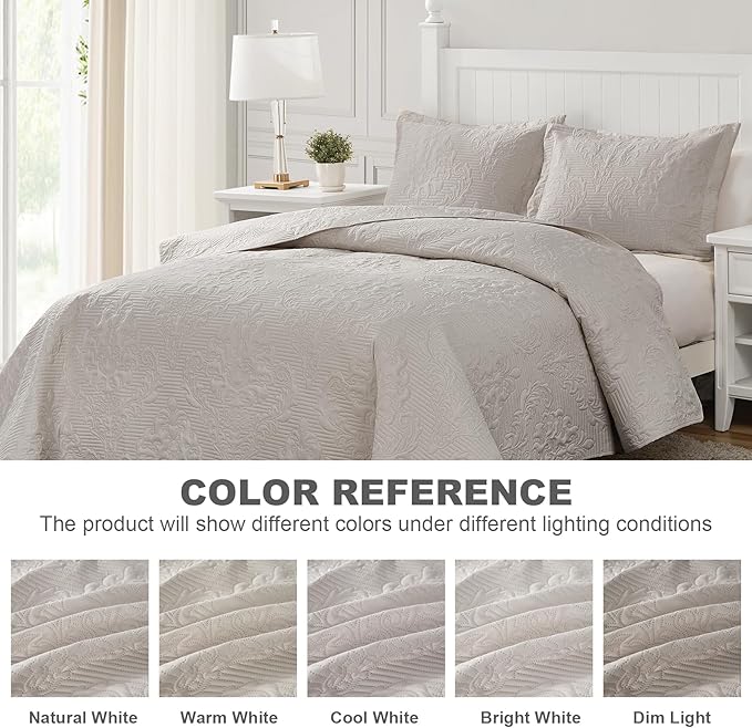 Hansleep Cream Quilt Calking Size - Damask Ultrasonic Summer Bedspread Calking, Soft Lightweight Coverlet Bedding Set, 3 Pieces (1 Quilt, 2 Pillow Shams)