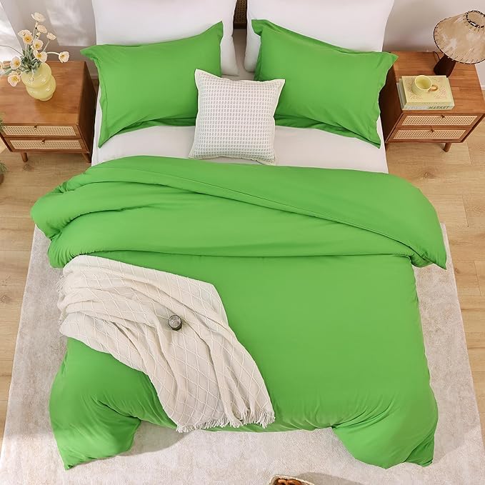 Whitney Home Textile Green Duvet Cover Set King Size - 3 Piece Luxury Soft Cooling Duvet Cover with Zipper Closure and Pillow Sham, Breathable Washed Brushed Microfiber, Comforter Not Included