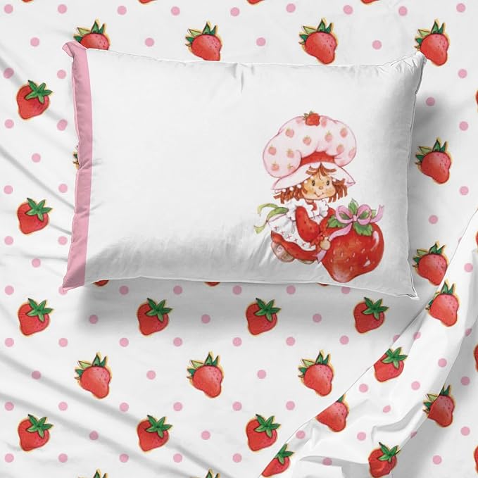 Jay Franco Kids Sheet Set with Fitted, Flat Sheets & Pillow Cover - Ultra-Soft Bedding with Pillowcase for Room Decor, White - Strawberry Shortcake, 4 Piece Queen
