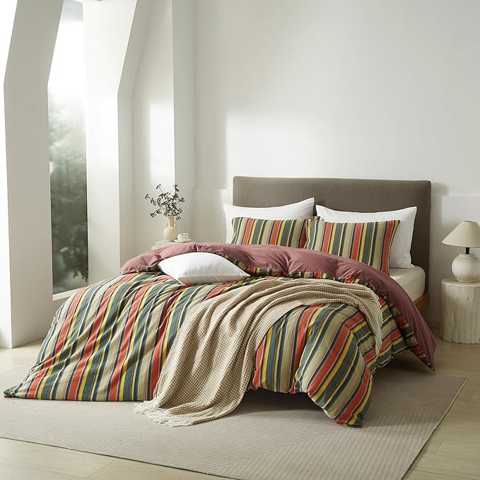 VM VOUGEMARKET Red Green Stripes Duvet Cover Twin XL Boho Farmhouse Style Washed Cotton Multi-Color Striped Bedding Set for Teens 1 Duvet Cover with 2 Pillowcases