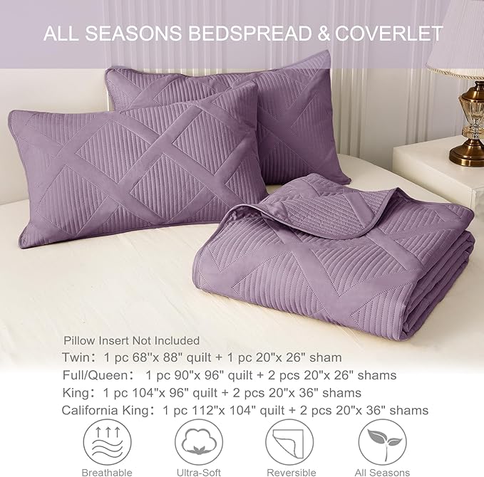 Exclusivo Mezcla Twin Size Quilt Set with Modern Striped Pattern, 2 Pieces Lightweight Dusty Lavender Quilts Bedding Set, Soft Bedspreads Coverlets for All Seasons