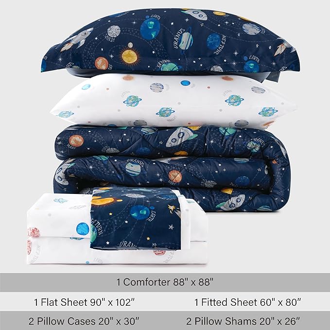 Queen Size Space Kids Bedding Set for Boys, 7 Pieces Super Soft Lightweight Microfiber Comforter Set with Sheets, Bed in a Bag, Children Bed Set
