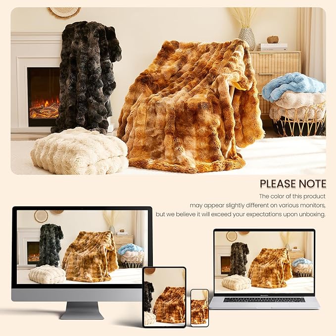 L'AGRATY Faux Rabbit Fur Blanket: 50" x 60" Luxury Soft Fluffy Thick Fur Throw Blanket for Couch Bed Sofa - Cozy Plush Bubble Blankets for Winter: Warm Flannel Fleece Decorative Blanket(Almond White)