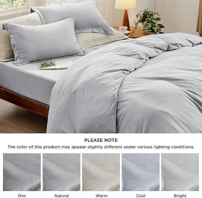 Bedsure Duvet Cover Queen Size with Fitted Sheet - 4 Pieces Prewashed Cotton-Like Polyester Extra Soft Bedding Set, Includes 1 Duvet Cover 90x90 Inches, 2 Pillow Shams, 1 Fitted Sheet, Light Grey