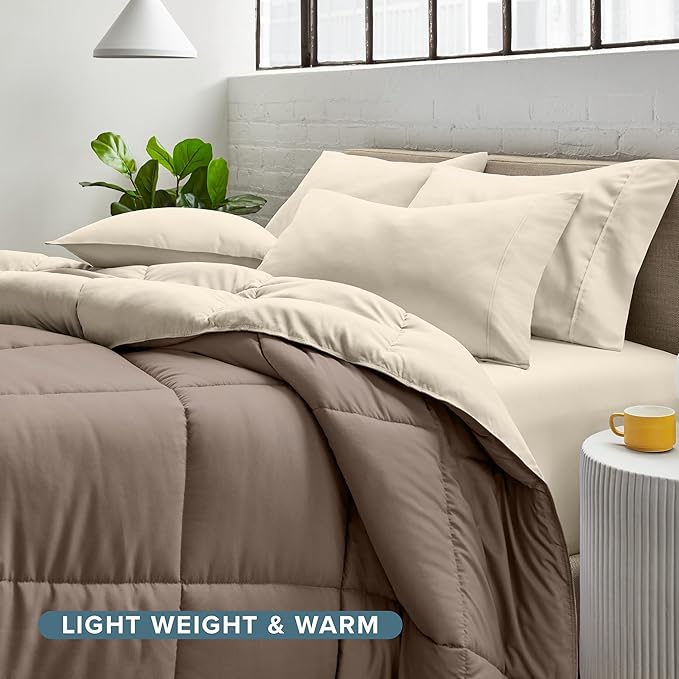 Bare Home Reversible Bed-in-A-Bag Comforter & Sheet Set - Twin - Down Alternative - Soft - Bedding Set (Twin, Taupe/Sand, Sand)