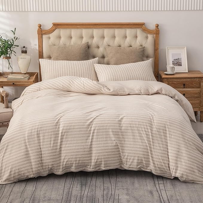 PURE ERA Jersey Knit Duvet Cover Set 100% T-Shirt Heather Cotton Super Soft Comfy Classic Striped Design, with Zipper Closure, Heather Beige Stripe, Queen