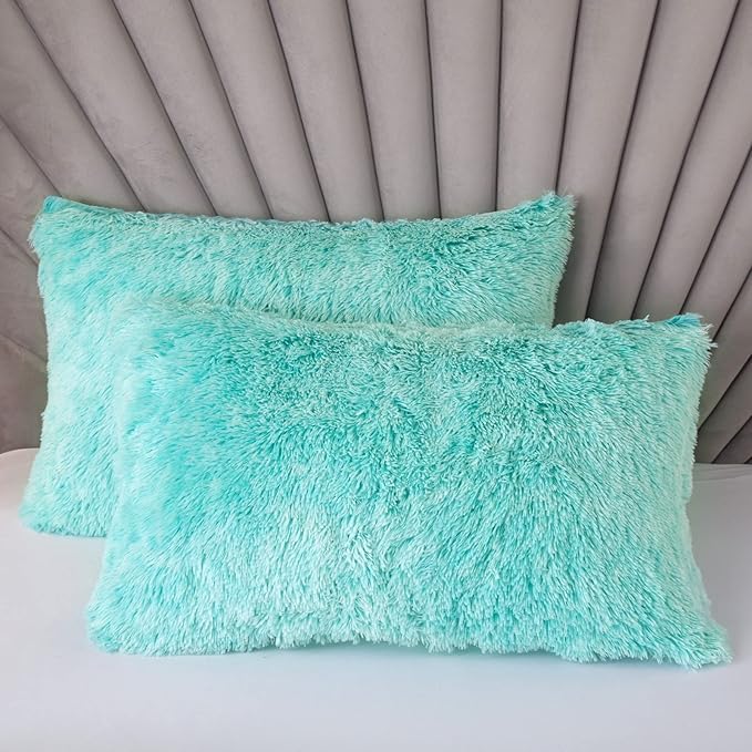 EMME Faux Fur Duvet Cover Queen Size, 3 Pieces Ultra Soft Fluffy Comforter Cover, Cozy Warm for Winter, Luxury Elegant Shaggy Bedding, 1 Duvet Cover & 2 Pillow Shams (Queen, Aqua)