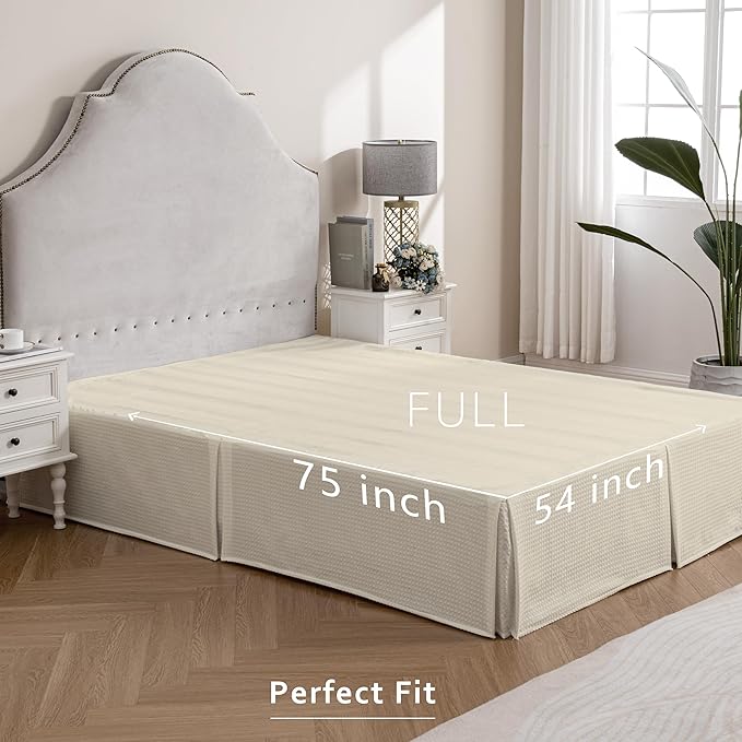 MIYE Pleated Waffle Weave Bed Skirt, Tailored Dust Ruffle 18 Inch Drop Easy Fit, Machine Washable,No Split Corners (Light Beige, Full - 18" Drop)