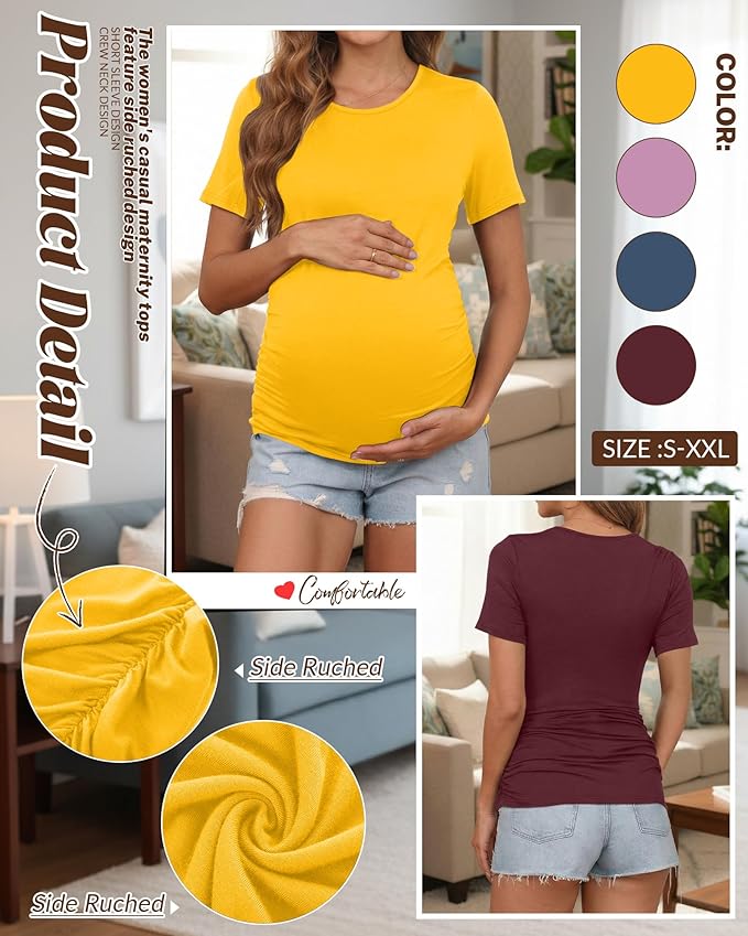 Huukeay 4 Pack Women's Maternity Shirts, Crew Neck Maternity Top Short Sleeve Casual Cotton Tee Side Ruched Pregnancy Clothes