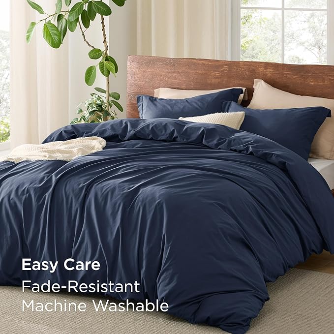 Bedsure 100% Washed Cotton Duvet Cover Cal King Size - Navy Minimalist Cotton Duvet Cover Linen Like for All Seasons - GentleSoft™ Plain Simple Bedding (Navy, Cal King, 104"x98")
