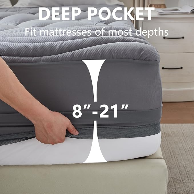 California King Mattress Pad, Quilted Fitted Cooling Mattress Cover, Pillow Top Waterproof Mattress Protector, Deep Pocket 8-21" (72x84 inch, Grey)